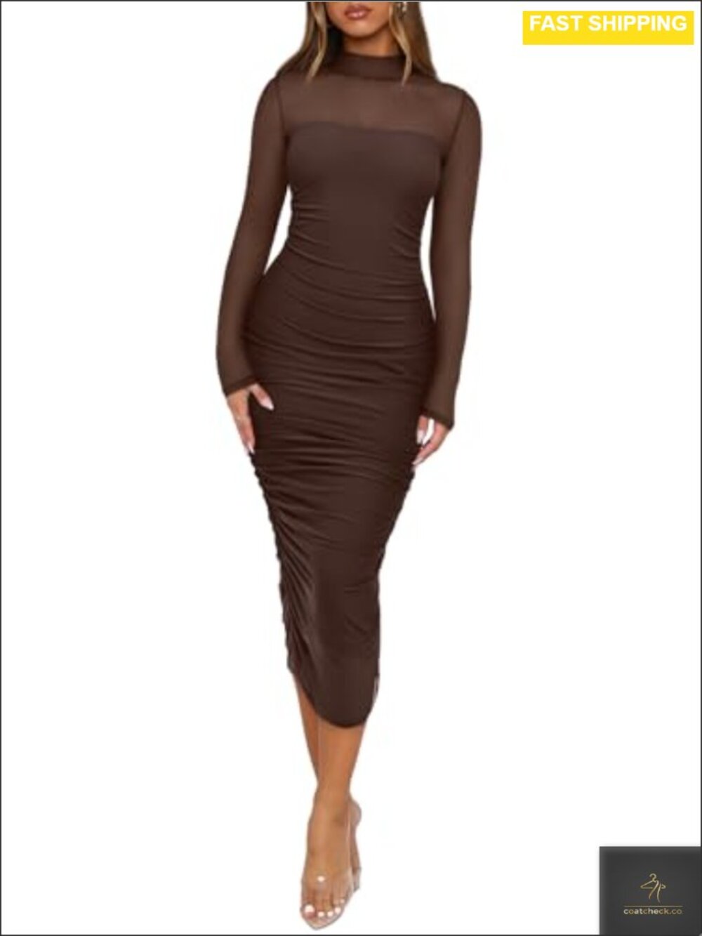 Mesh Sheer Long Sleeve Midi Ruched Bodycon Mock Neck Cocktail Party Dress